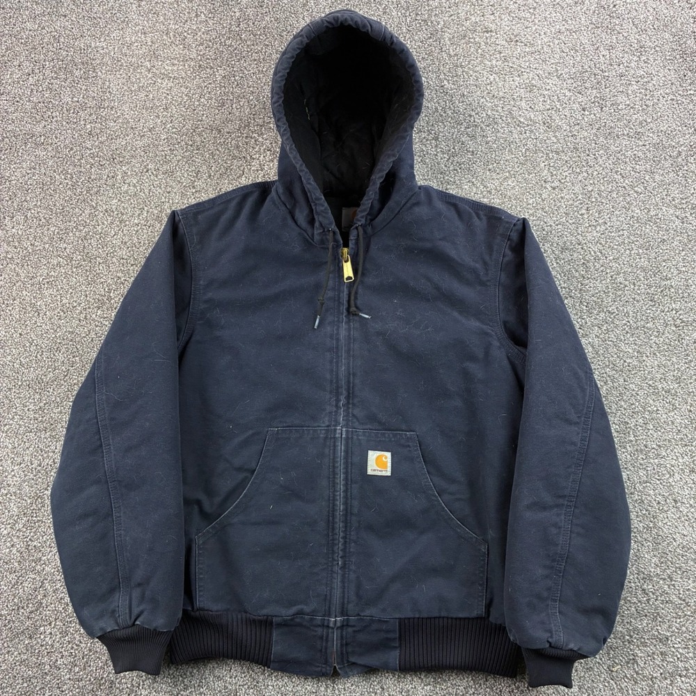 Vintage Carhartt Active Jacket Mens S Navy Blue Hooded Canvas Quilted J140 DNY